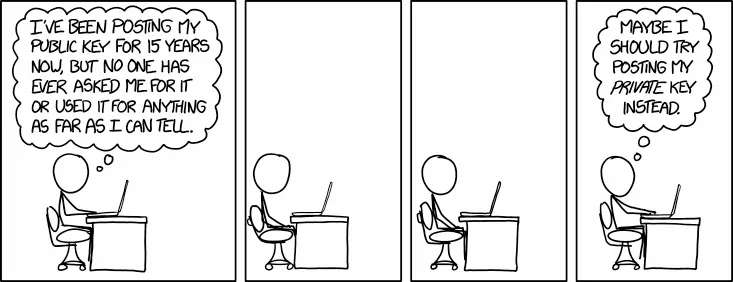 XKCD comic illustrating a character thinking to reveal his computer's private key